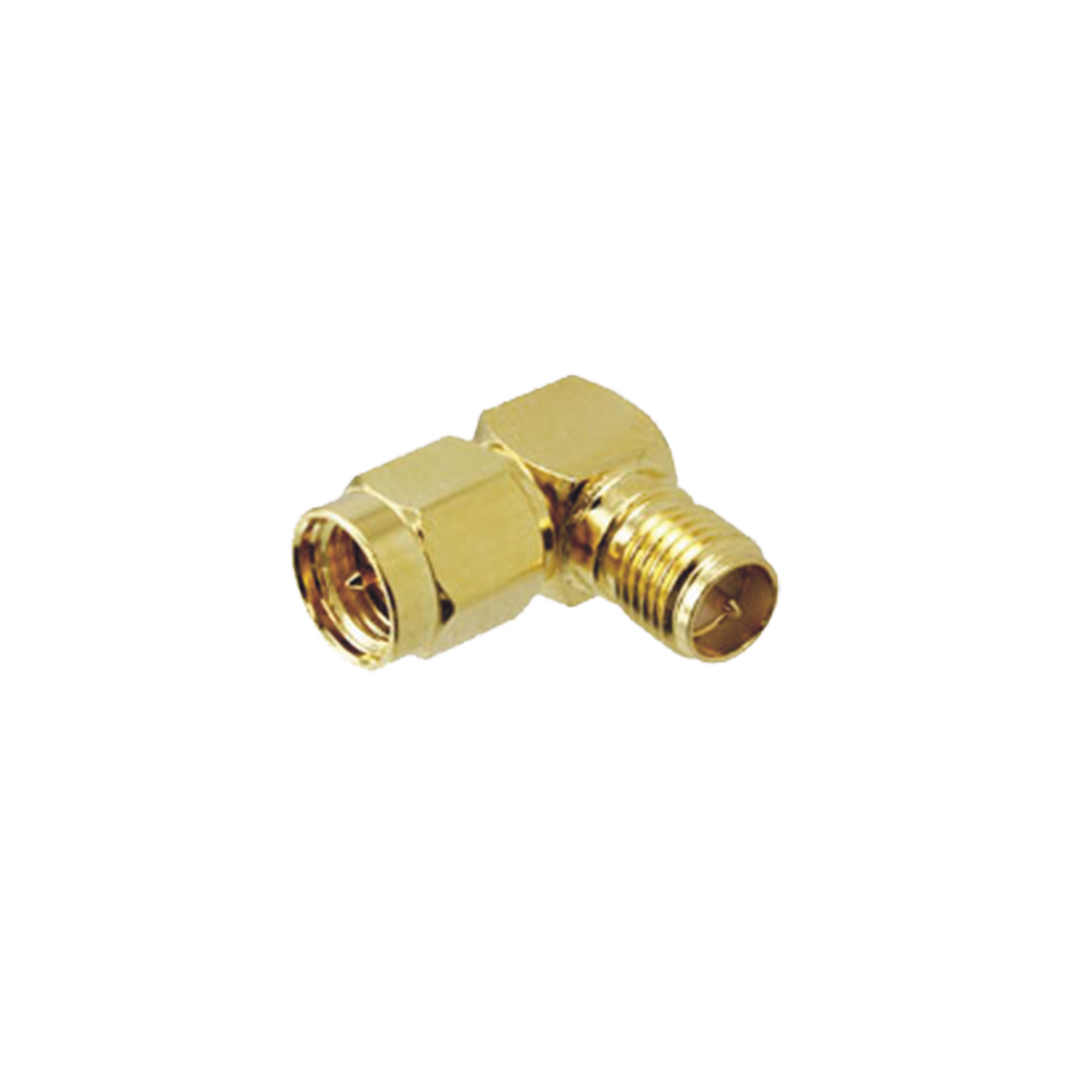 Adaptador en Ángulo Recto, de Conector SMA Macho a SMA Hembra Inverso, Oro/ Oro/ Teflón.