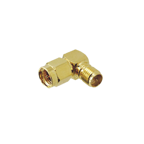 Adaptador en Ángulo Recto, de Conector SMA Macho a SMA Hembra Inverso, Oro/ Oro/ Teflón.