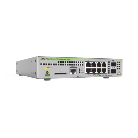 Switch PoE+ Administrable CentreCOM GS970M, Capa 3 de 8 Puertos 10/100/1000 Mbps + 2 SFP Gigabit, 124 W