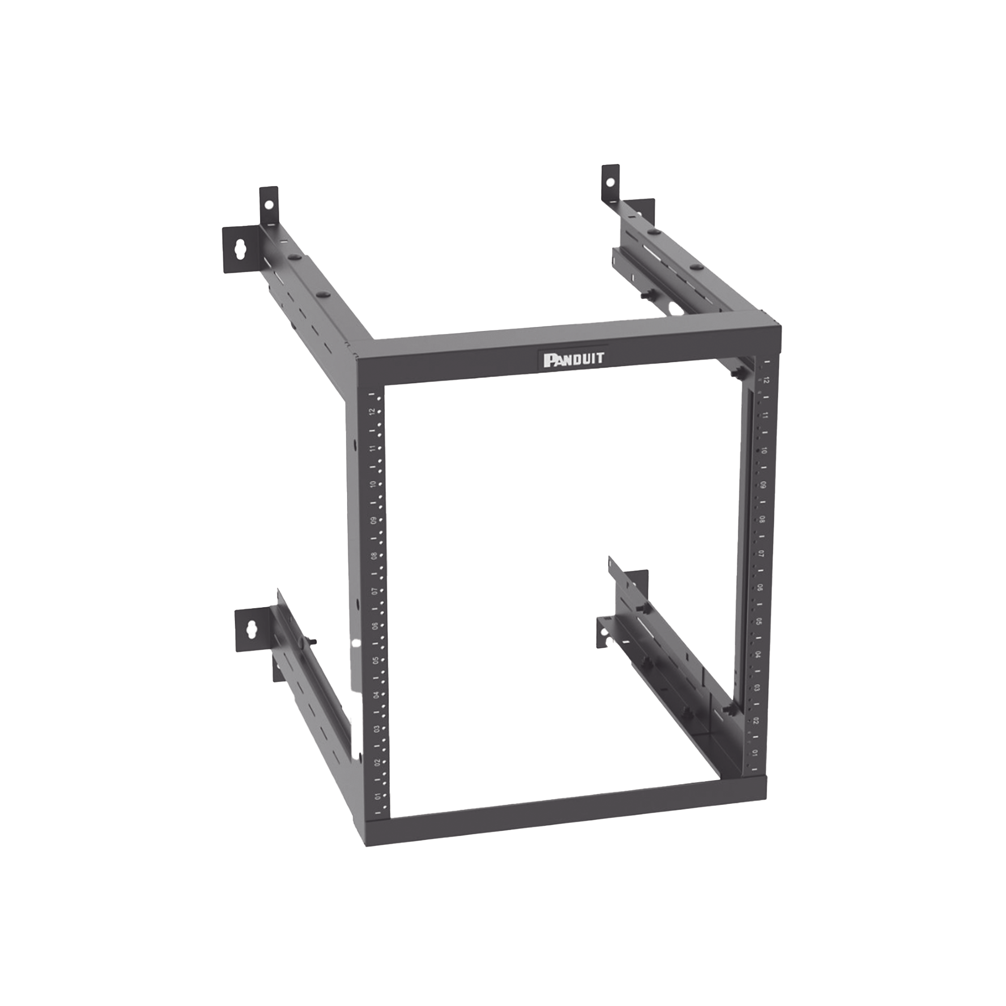 Rack PanZone® de Montaje en Pared, de 19in, Profundidad Ajustable, Rieles Numerados y Roscados #12-24, 12 UR, Color Negro