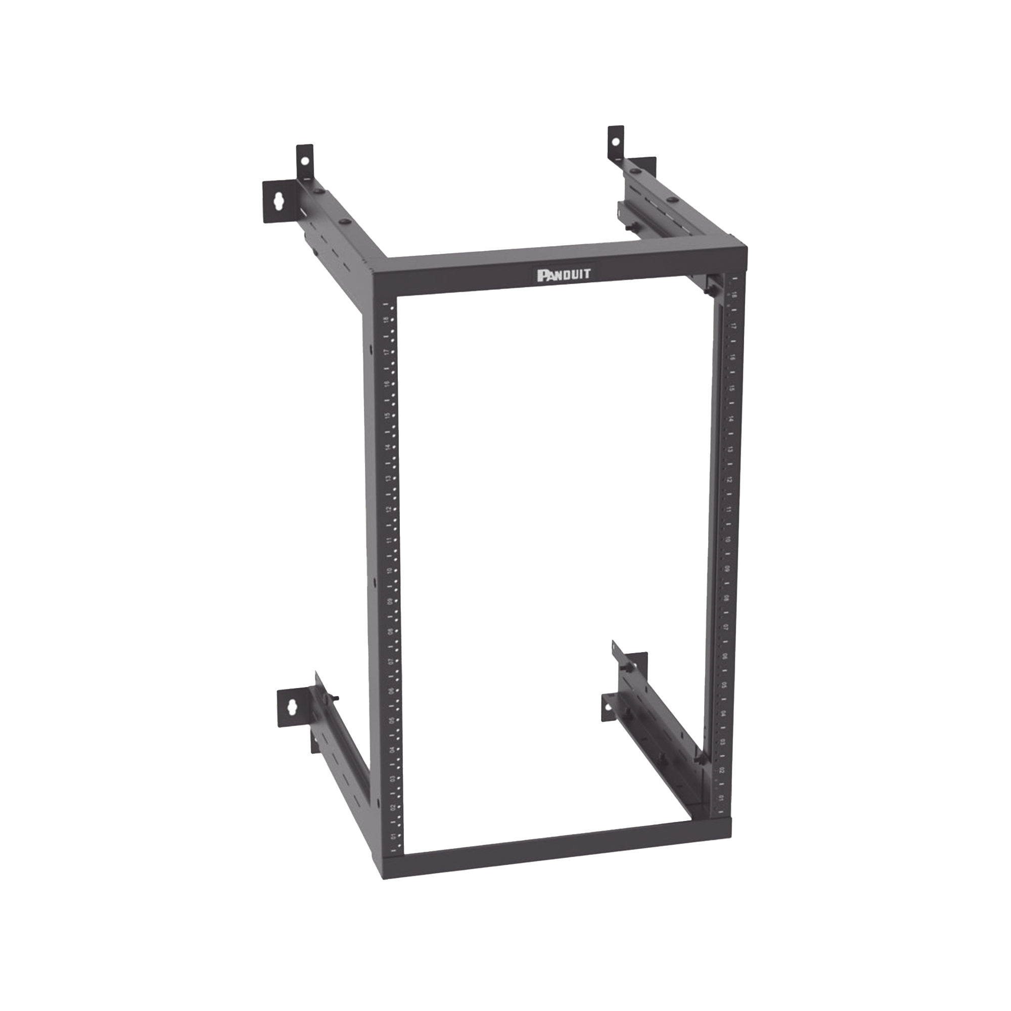 Rack PanZone® de Montaje en Pared, de 19in, Profundidad Ajustable, Rieles Numerados y Roscados #12-24, 18 UR, Color Negro