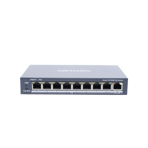 Switch Monitoreable PoE+ / 8 puertos 10/100 Mbps PoE+ / 1 puerto 10/100/1000 Mbps de Uplink / PoE hasta 250 metros / conexión remota desde Hik-ParnerPro / 110 W