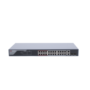 Switch Monitoreable PoE+ / 24 puertos 10/100 Mbps PoE+ / 2 puertos 10/100/1000 Mbps + 2 puertos SFP de Uplink / PoE hasta 250 metros / conexión remota desde Hik-PartnerPro / 370 W