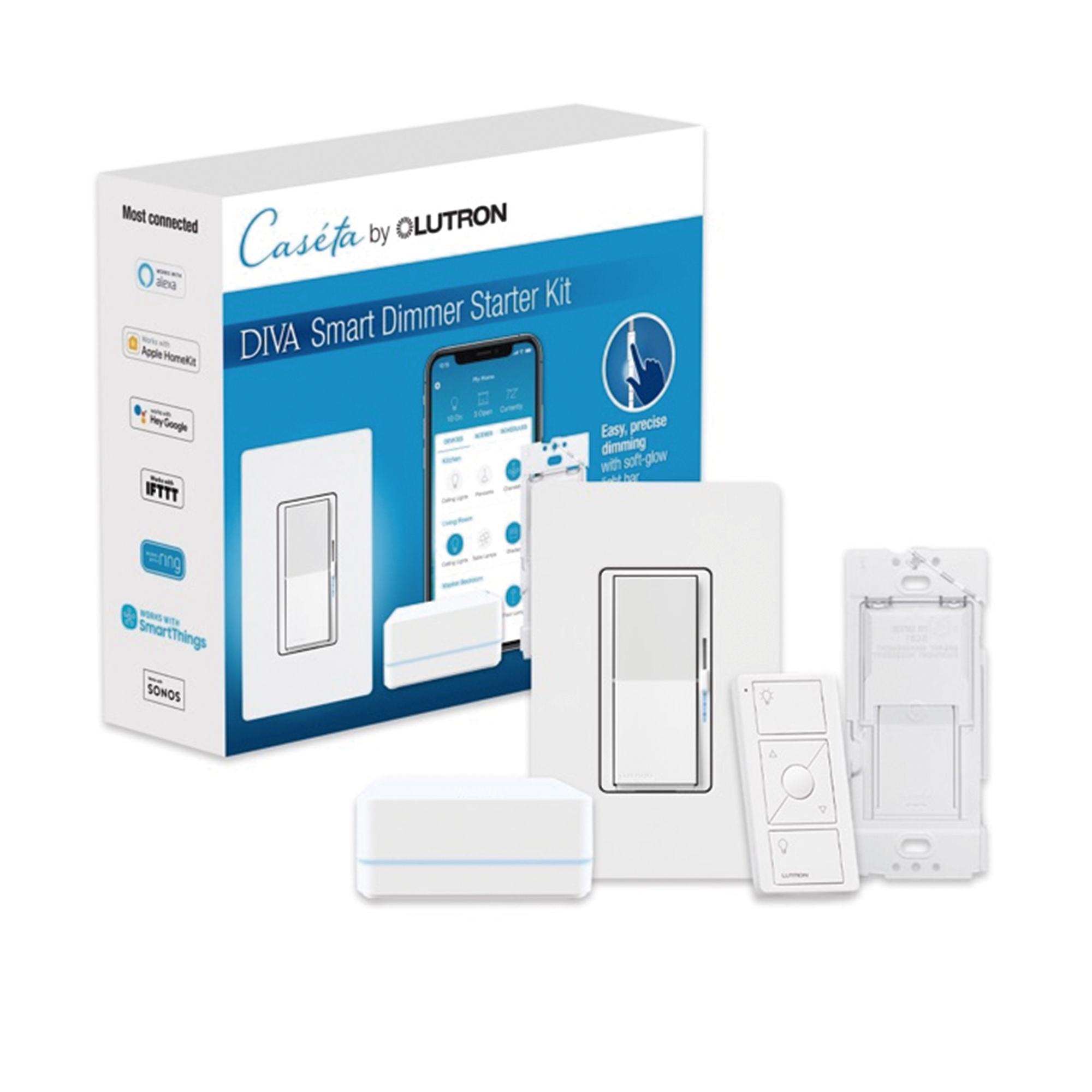 (Caseta Wireless) Kit Hub controlador, atenuador, control remoto PICO, base de pared y tapa.