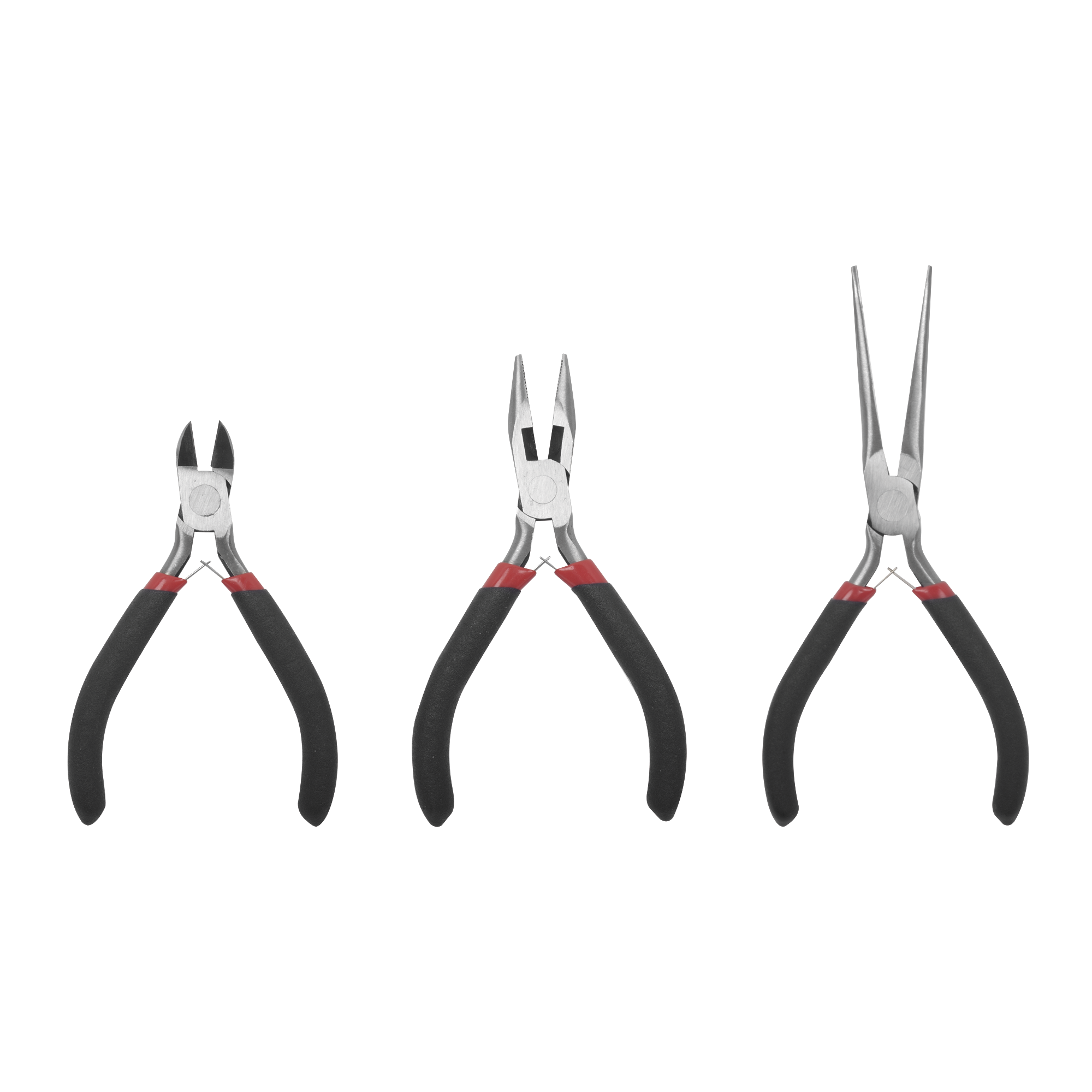 Juego de 3 Mini Pinzas de Corte de 5". Incluye: Pinza de Punta Redonda, Diagonal y Punta de Aguja.