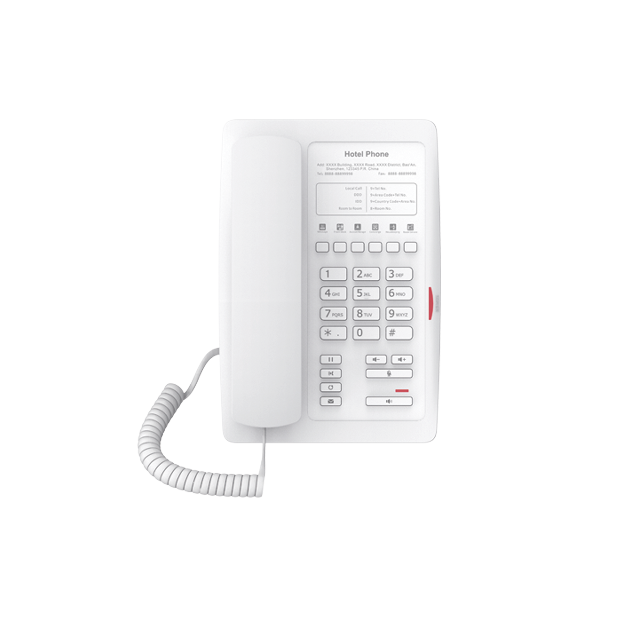 Teléfono IP para Hotelería, profesional con 6 teclas programables para servicio rápido (Hotline), plantilla personalizable con PoE