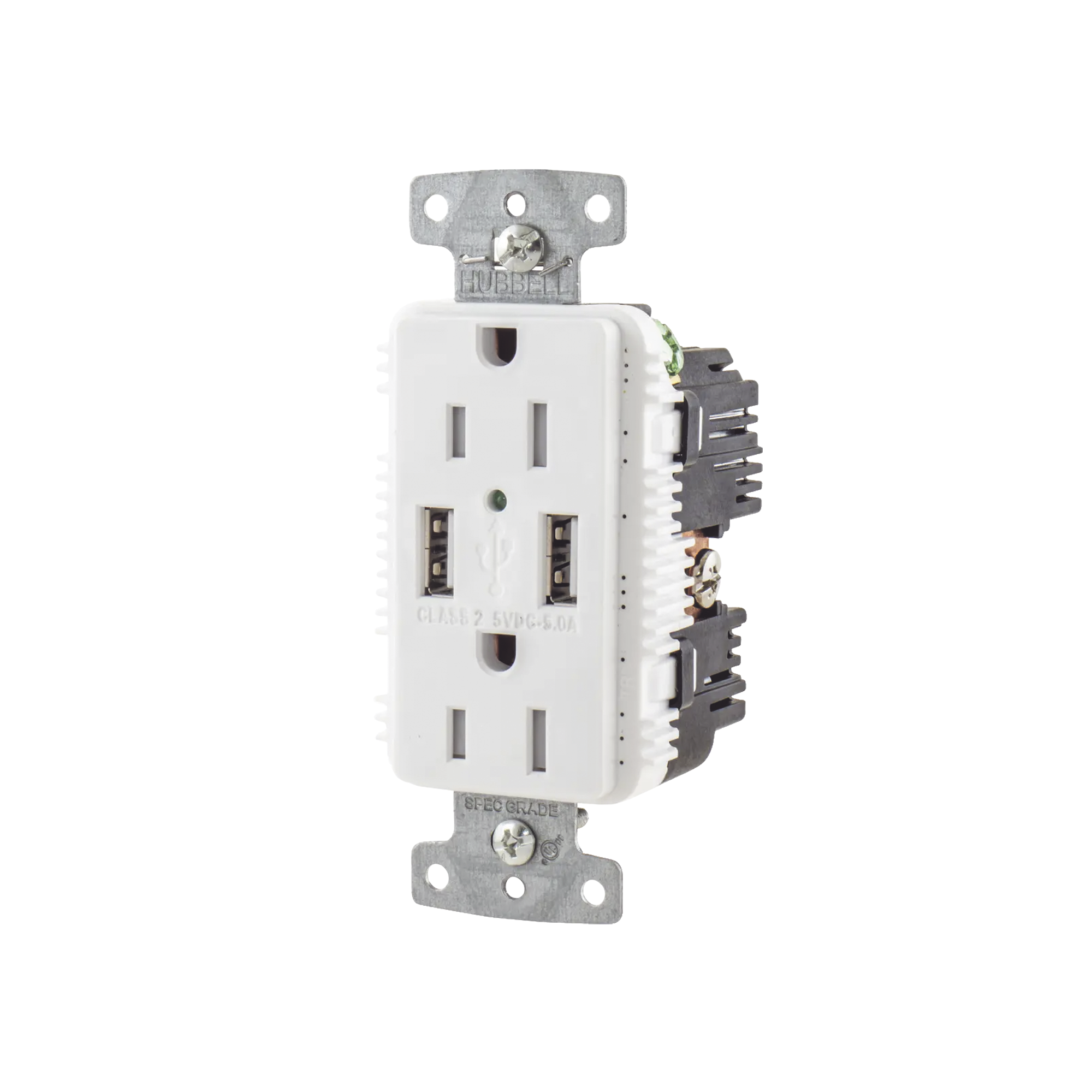 Contacto Dúplex con 2 Puertos USB, 15A 125V, 2 Polos, 3 Hilos, Color Blanco.