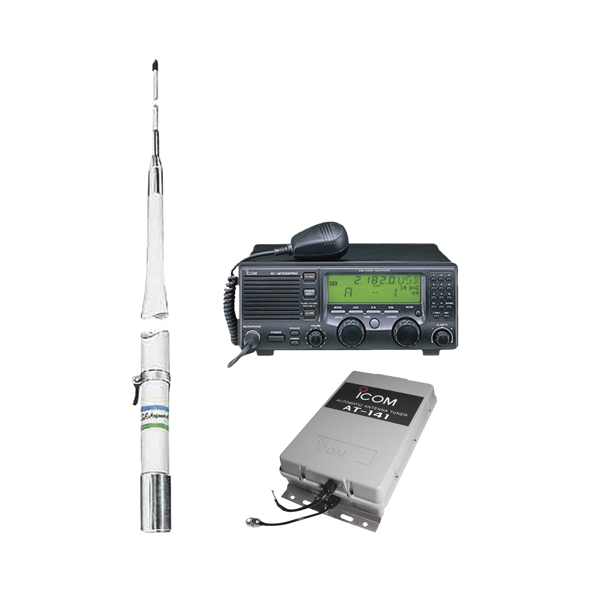 Kit de radio IC-M700pro con sintonizador de antena AT-141 y antena HF Shakespeare 390