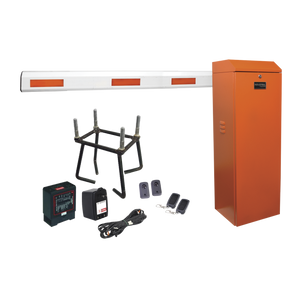 Kit COMPLETO Barrera Izquierda XB NARANJA / Brazo telescópico 3.6 ~ 5.5 M / Incluye Sensor de masa, Transformador, Lazo, Ancla, Fotoceldas y 2 Controles Inalámbricos