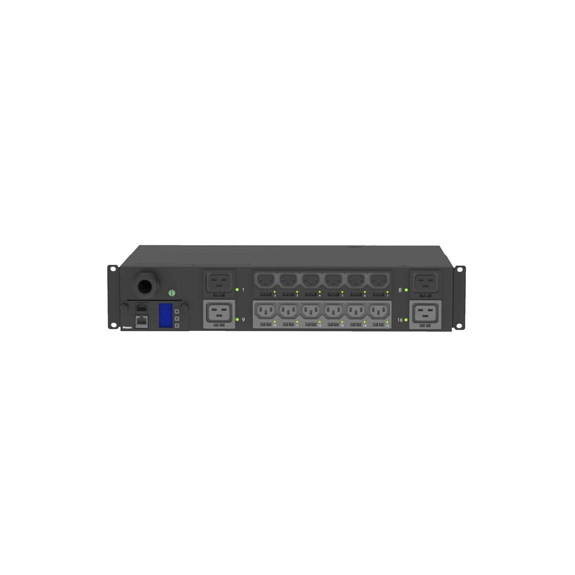 PDU Switchable y Monitoreable por Toma (MS) para Distribución de Energía, Enchufe de Entrada NEMA L6-30P, Con 12 Salidas C13 y 4 Salidas C19, Horizontal 19in, 208 Vca, 30 Amp, 2UR