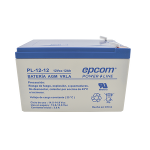 Batería 12 Vcc / 12 Ah / UL / Tecnología AGM-VRLA / Para uso en equipo electrónico Alarmas de intrusión / Incendio/ Control de acceso / Video Vigilancia / Terminales F2 / Cargador recomendado CHR-80.