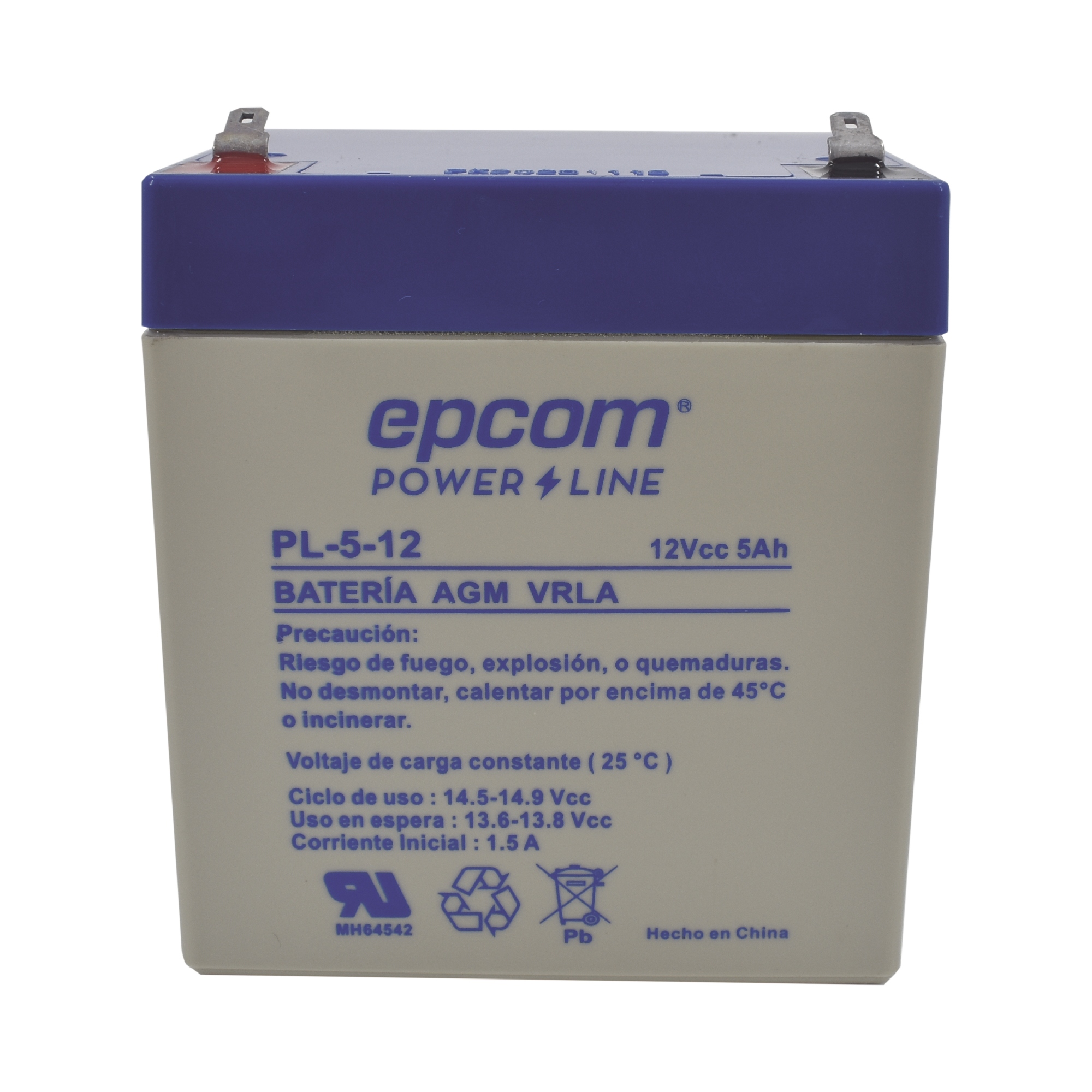 Batería 12 Vcc / 5 Ah / UL / Tecnología AGM-VRLA / Para uso en equipo electrónico Alarmas de intrusión / Incendio/ Control de acceso / Video Vigilancia / Terminales F1 / Cargador recomendado CHR-80.