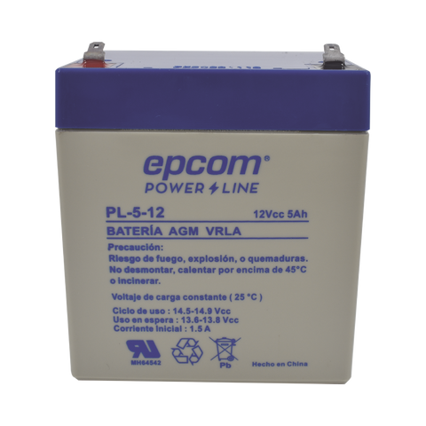 Batería 12 Vcc / 5 Ah / UL / Tecnología AGM-VRLA / Para uso en equipo electrónico Alarmas de intrusión / Incendio/ Control de acceso / Video Vigilancia / Terminales F1 / Cargador recomendado CHR-80.