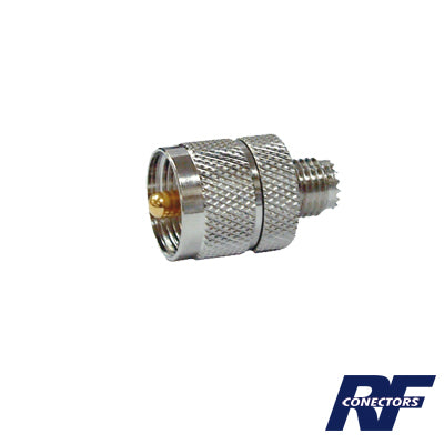 Adaptador en Línea de Conector Mini UHF Hembra a UHF Macho (PL-259), Níquel/ Oro/ Teflón.