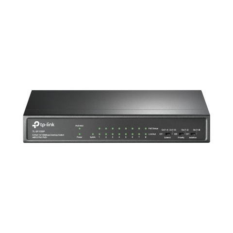 Switch PoE+ No Administrable / De Escritorio 9 puertos 10/100 Mbps / 8 puertos PoE af/at Inteligente / Presupuesto 65 W / Hasta 250 metros