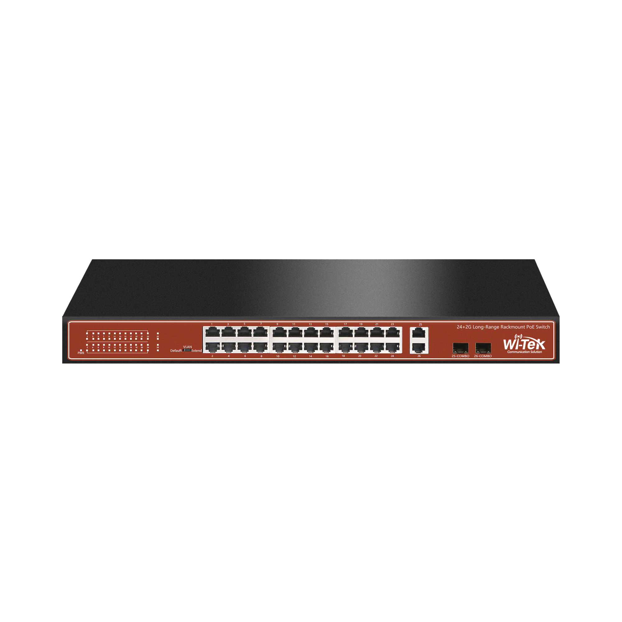 Switch PoE (802.3af/at/bt) / No administrable de largo alcance / Hasta 250m / Con 24 x 10/100Mbps + 2 x SFP Gigabit Combo / 250 W