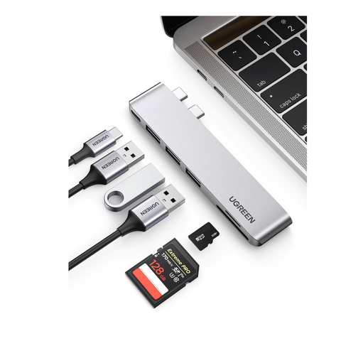 HUB USB-C (Thunderbolt 3) 6 en 2 | 3 Puertos USB3.0 | 1 USB-C (PD 100W) | Transferencia de Video y Datos | Memoria SD+ Micro SD (TF) Uso Simultáneo | Multifuncional para MacBook Pro/Air | Carcasa de Aluminio.
