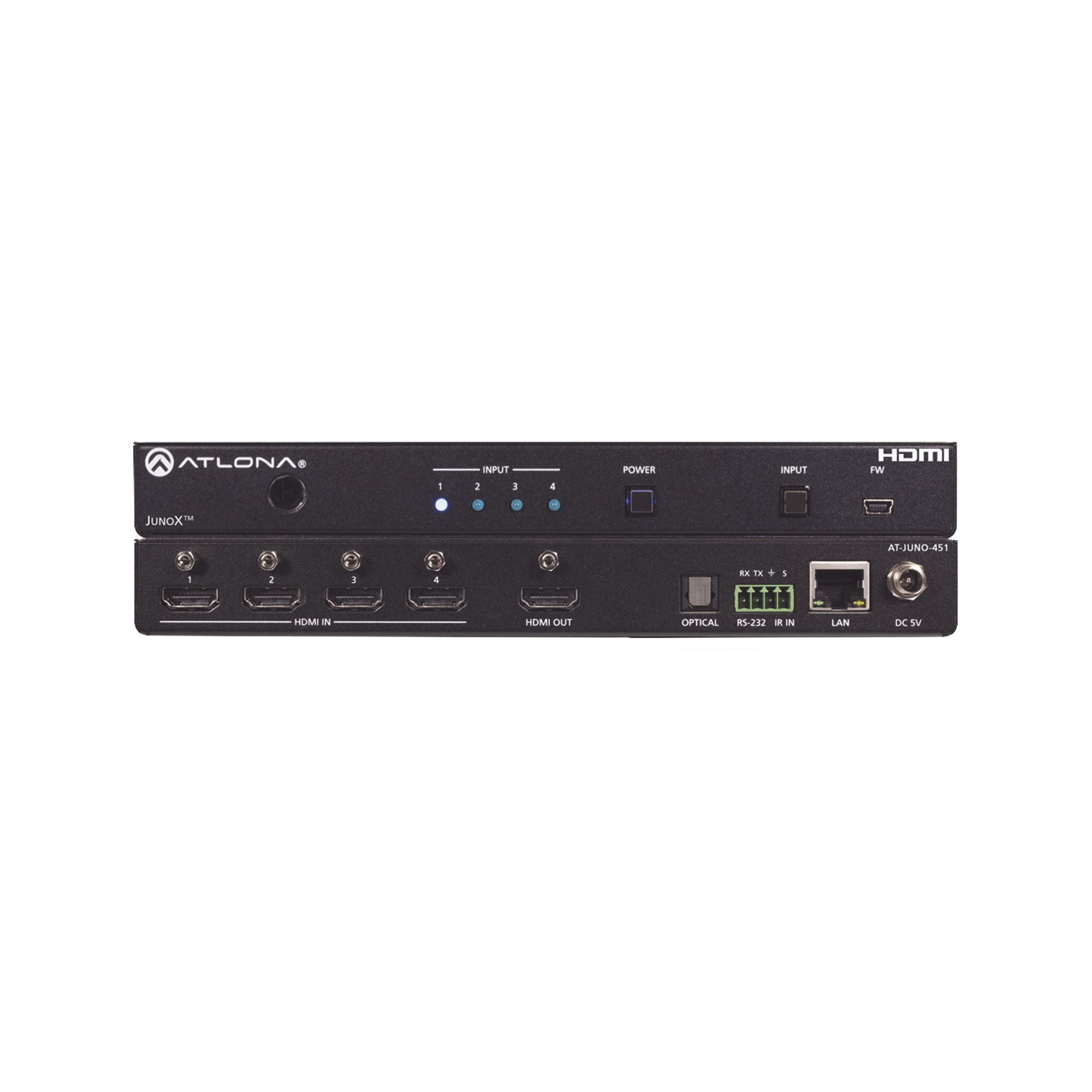 Atlona JunoX™ Switch HDMI 4K UHD HDR 4x1 / Conmutación Automática, Compatible HDCP 2.2, Control Remoto IR, Funciones de Gestión EDID, Canal ARC y Salida TOSLINK.