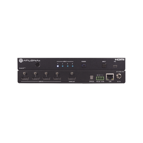 Atlona JunoX™ Switch HDMI 4K UHD HDR 4x1 / Conmutación Automática, Compatible HDCP 2.2, Control Remoto IR, Funciones de Gestión EDID, Canal ARC y Salida TOSLINK.