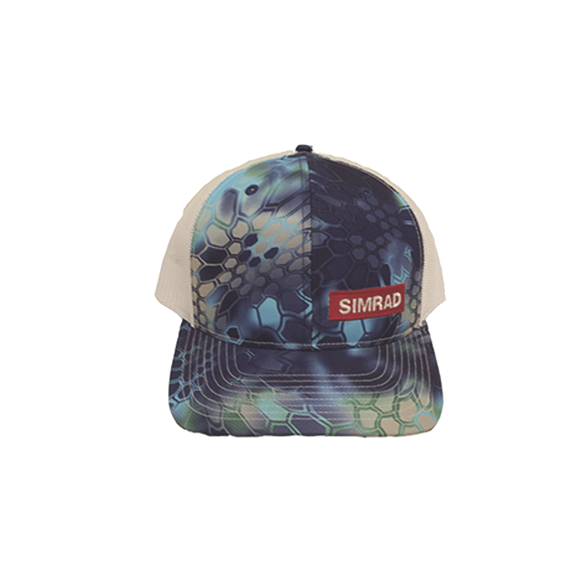 Gorra color azul y blanco con logo simrad