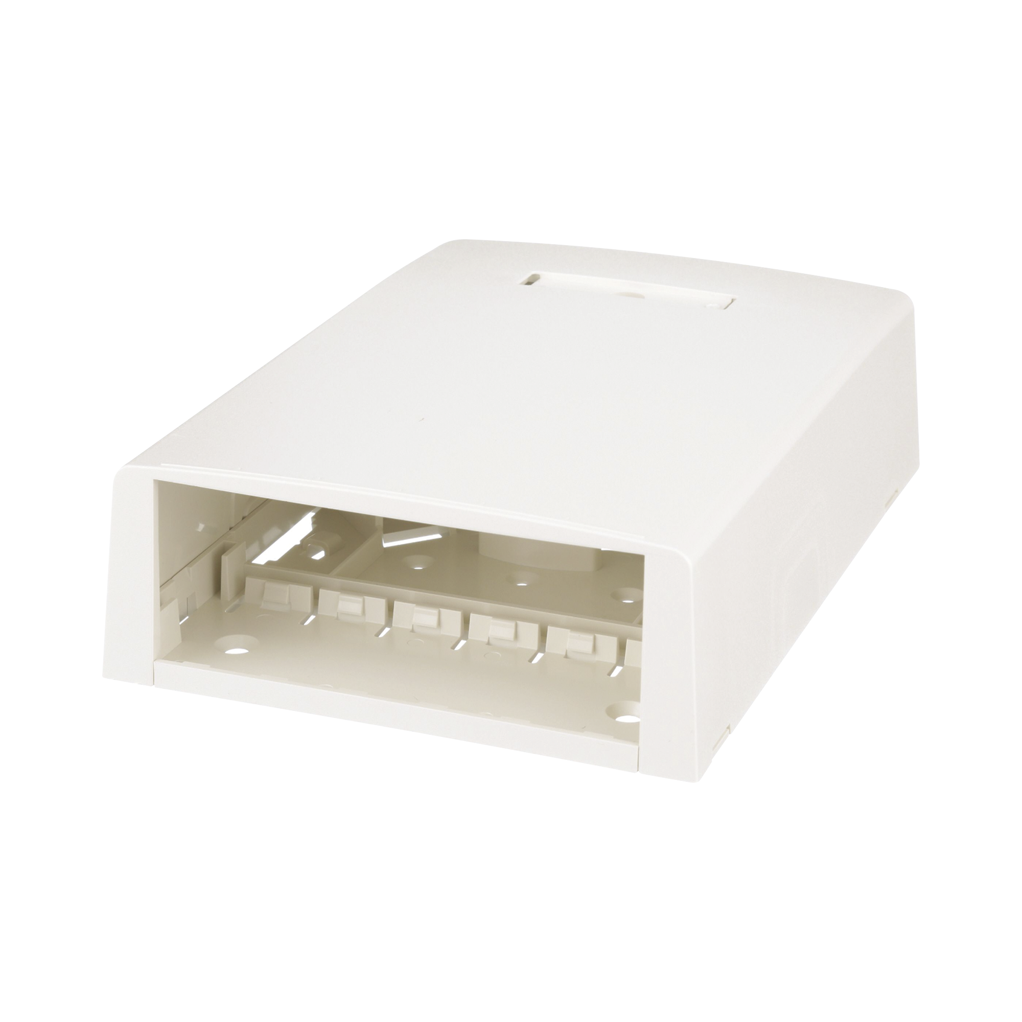 Caja de Montaje en Superficie, Con Accesorio para Resguardo de Fibra Óptica, Para 12 Módulos Mini-Com, Color Blanco Mate