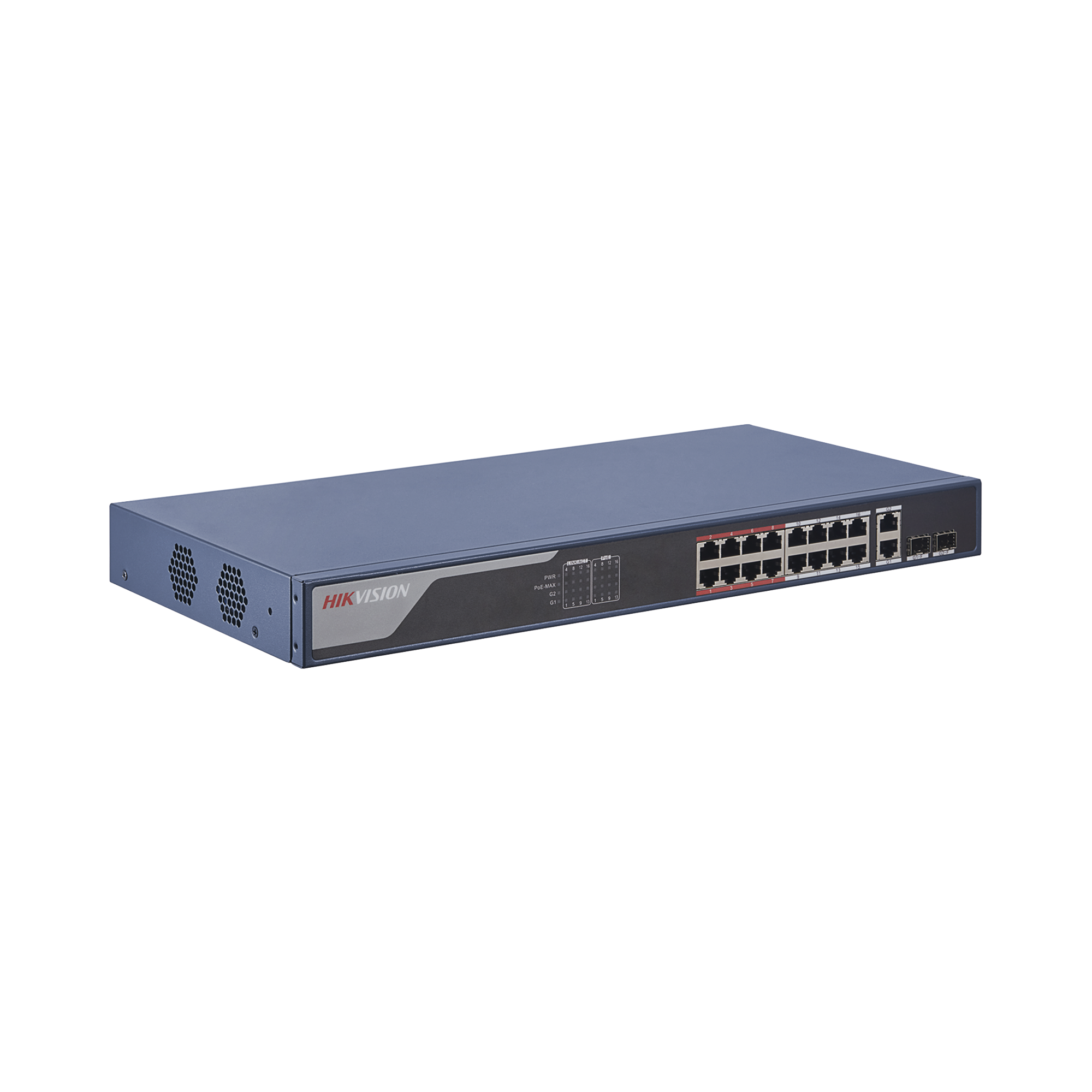 Switch Monitoreable de 16 Puertos PoE+ (hasta 250 mts), 10/100 Mbps / 2 Puertos RJ45 Uplink + 2 puertos SFP / 230 Watts / Conexión Remota desde Hik-ProConnect