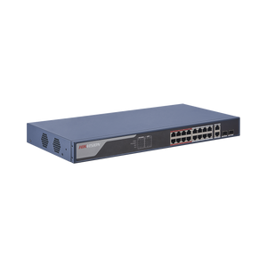 Switch Monitoreable de 16 Puertos PoE+ (hasta 250 mts), 10/100 Mbps / 2 Puertos RJ45 Uplink + 2 puertos SFP / 230 Watts / Conexión Remota desde Hik-ProConnect