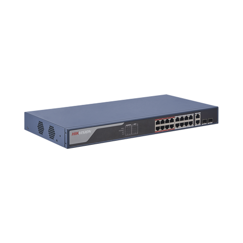 Switch Monitoreable de 16 Puertos PoE+ (hasta 250 mts), 10/100 Mbps / 2 Puertos RJ45 Uplink + 2 puertos SFP / 230 Watts / Conexión Remota desde Hik-ProConnect