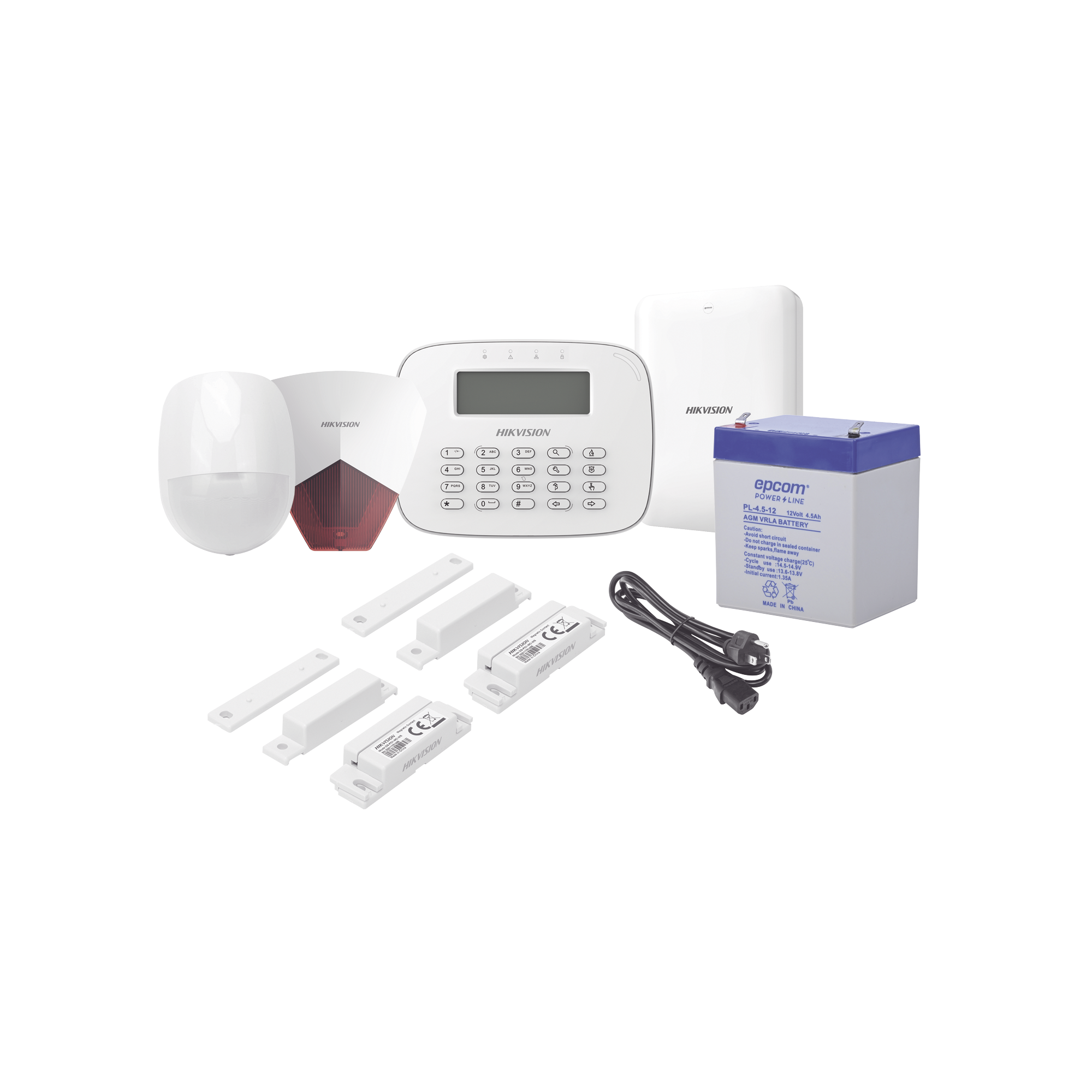 KIT Panel de Alarma / 1 Panel Híbrido / 1 Monitor LCD / 1 PIR / 2 Contactos Magnéticos / 1 Cable de alimentación / 1 Sirena/ 1 Bateria 12vcc 4.5 Amp