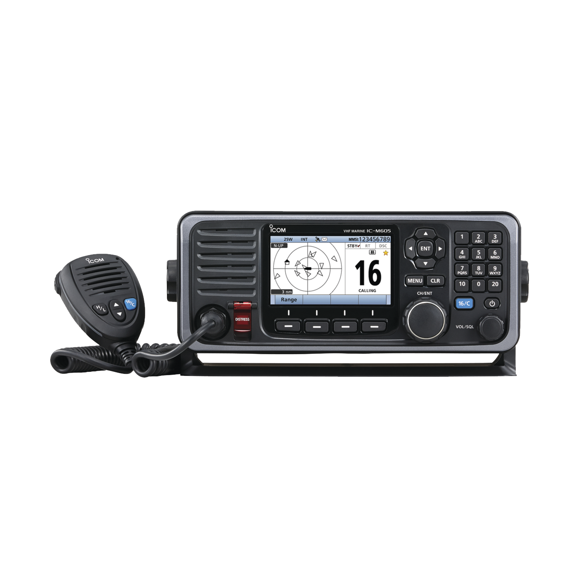 Radio Móvil Marino en banda de VHF, con pantalla a color de 4.3 pulgadas, receptor de GPS, grabador de voz, incluye receptor AIS.