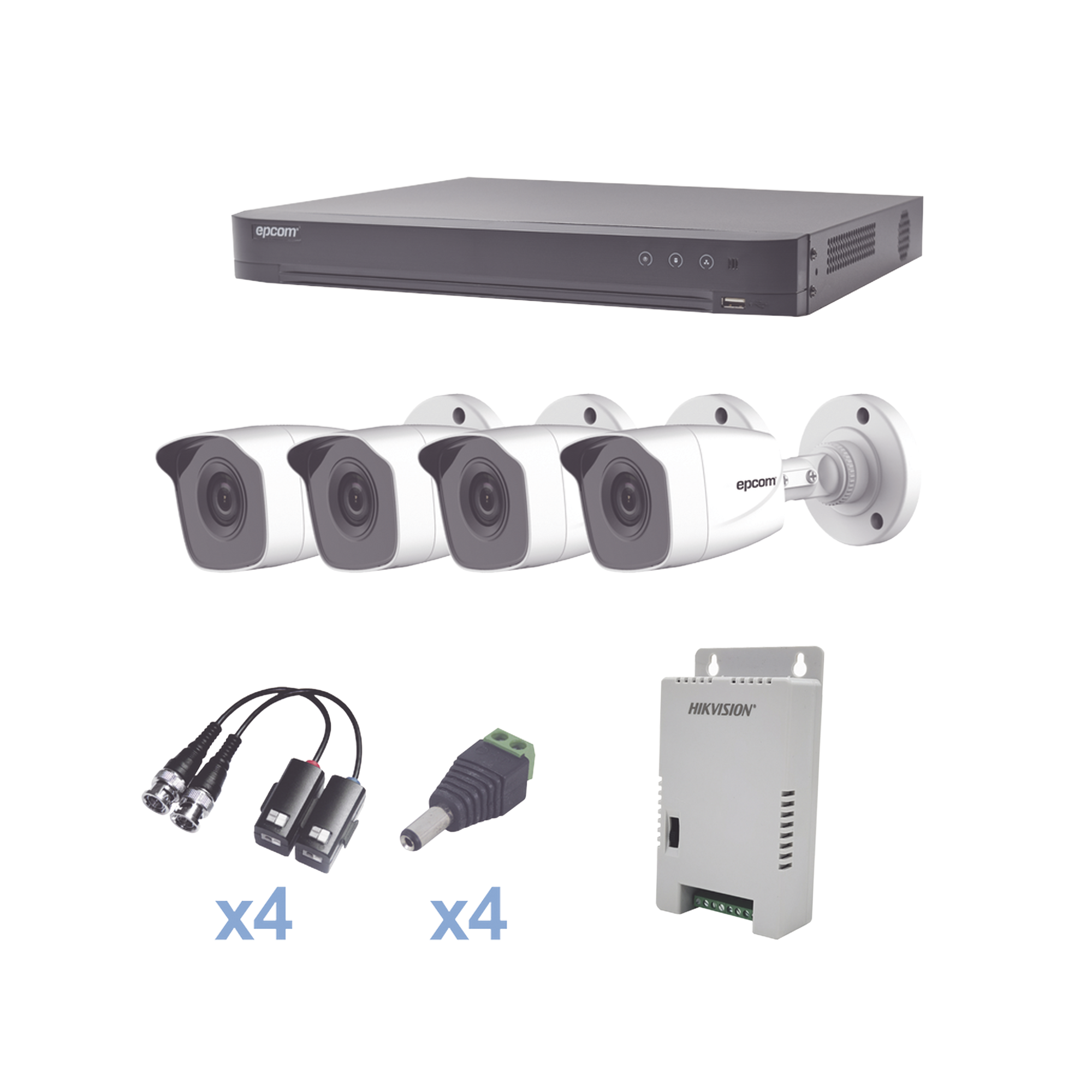 KIT TurboHD 1080p / DVR 4 Canales / 4 Cámaras Bala Metálicas (exterior 2.8 mm) / Transceptores / Conectores / Fuente de Poder Profesional