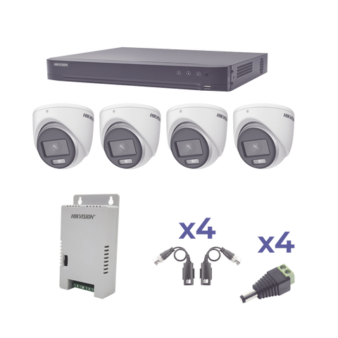 KIT COLORVU TURBOHD 1080p / DVR 4 Canales / 4 Cámaras eyeball (exterior) lente 2.8mm / Fuente de poder profesional / Transceptores de video y Accesorios de corriente