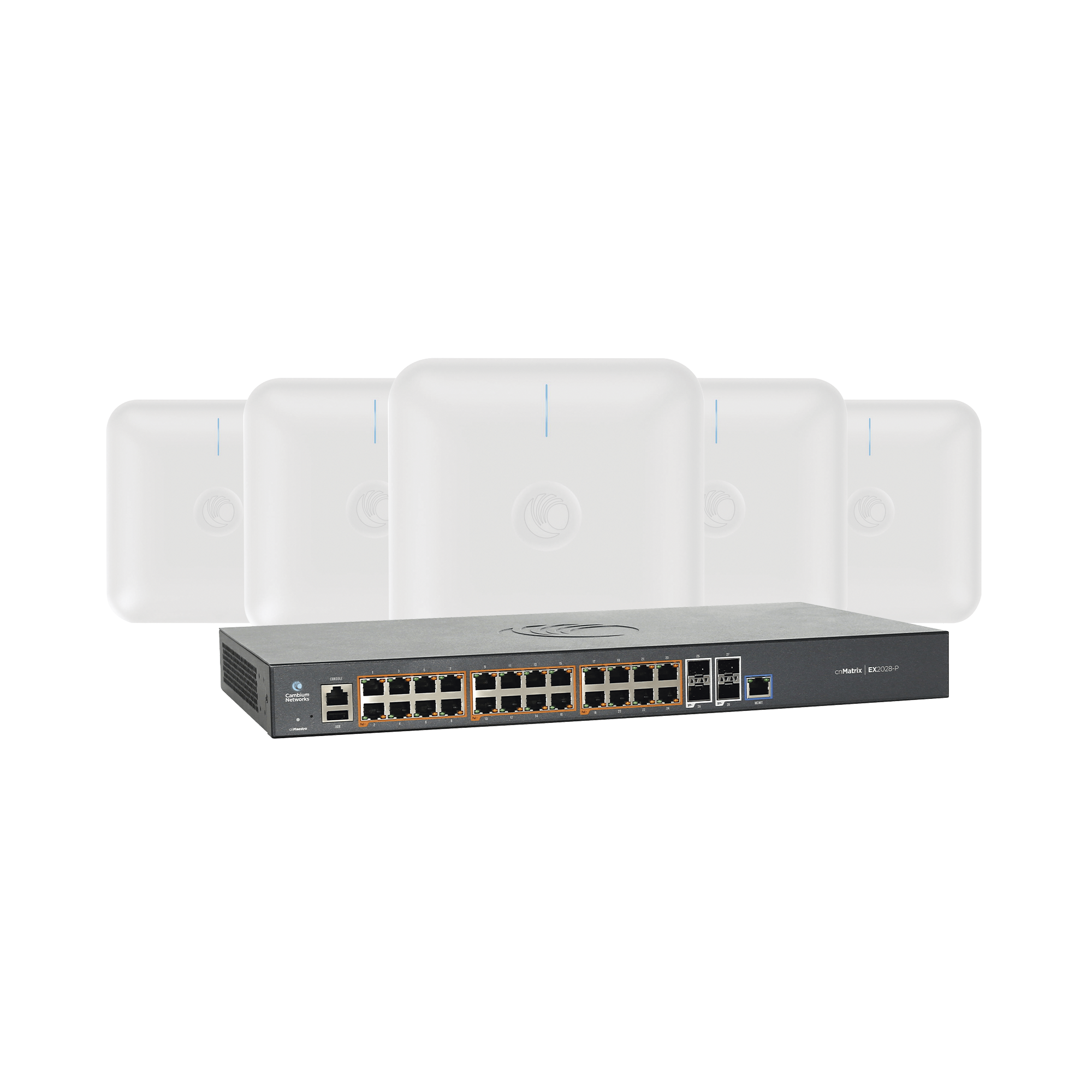 Kit Wi-Fi Empresarial de 5 Access Point e410 de largo alcance y switch PoE EX2028P