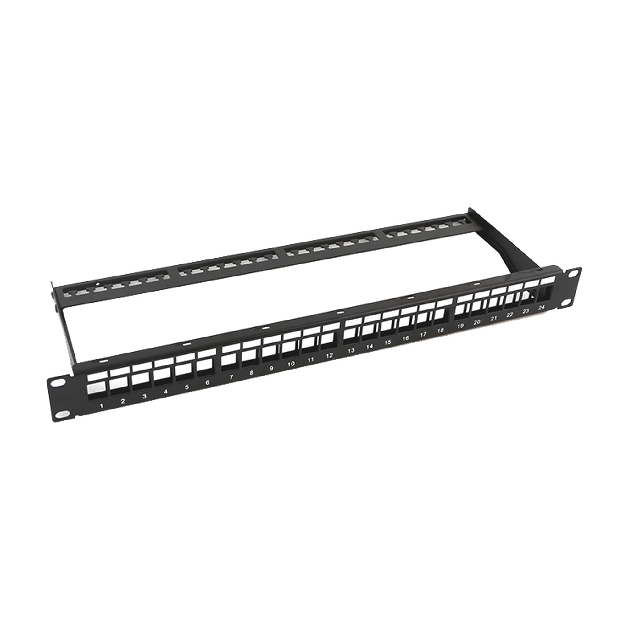 Patch panel modular sin blindaje de 24 puertos, 1U, con barra para organizar cable