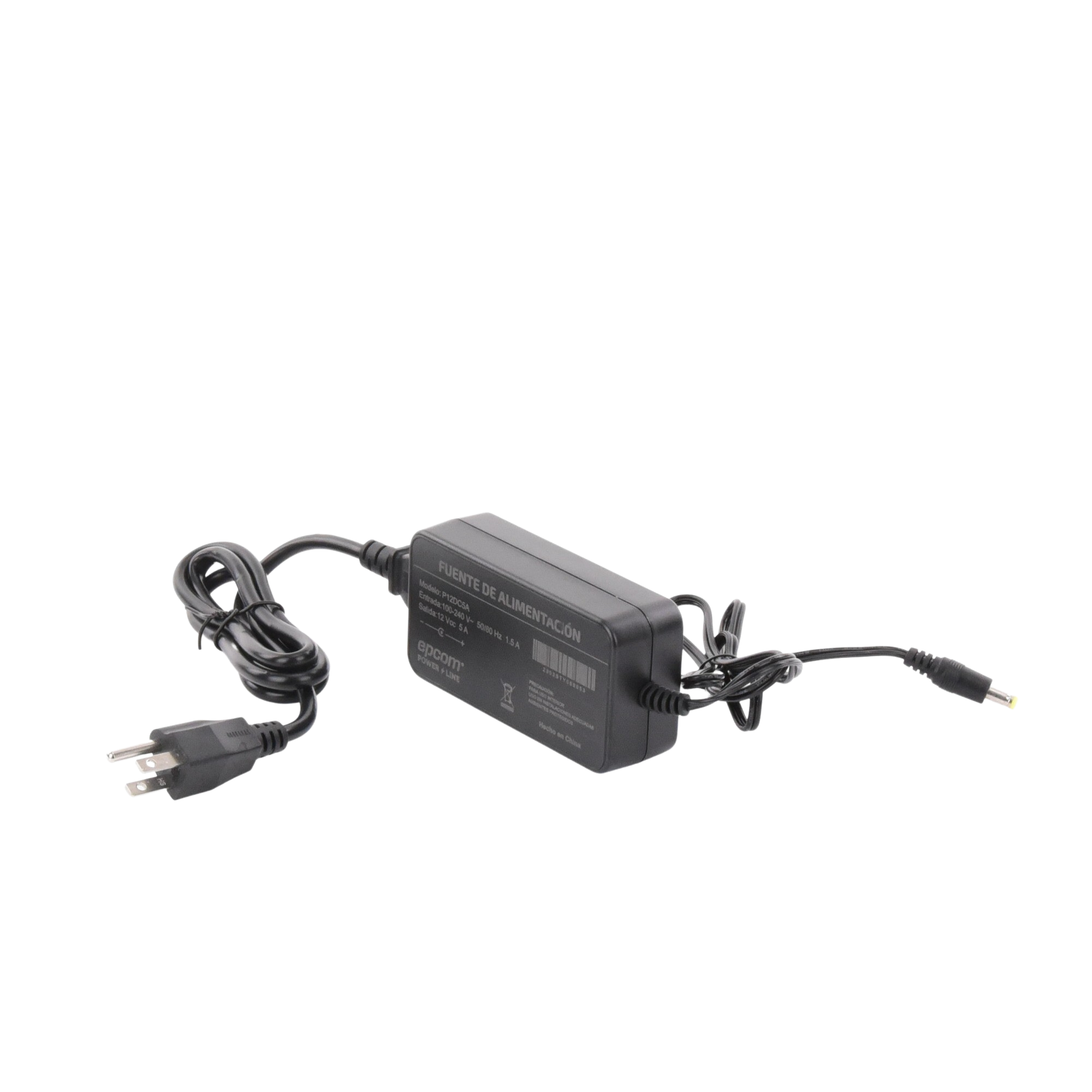 Adaptador 12 Vcc / 5 Amperes / Profesional / Con cable extensión / 0.5 metros a la toma de alimentación / 0.5 metros a la conexión del dispositivo