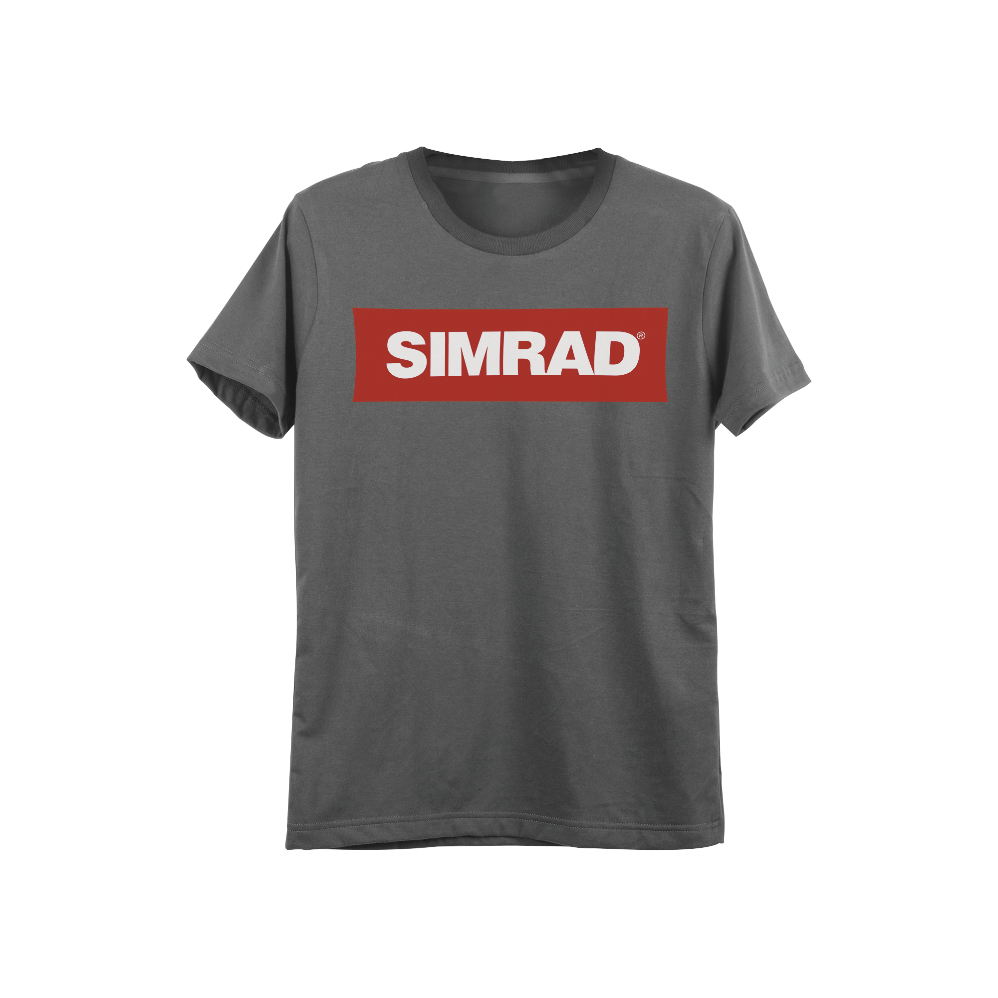 Playera gris talla chica con logo de SIMRAD.