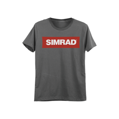 Playera gris talla chica con logo de SIMRAD.
