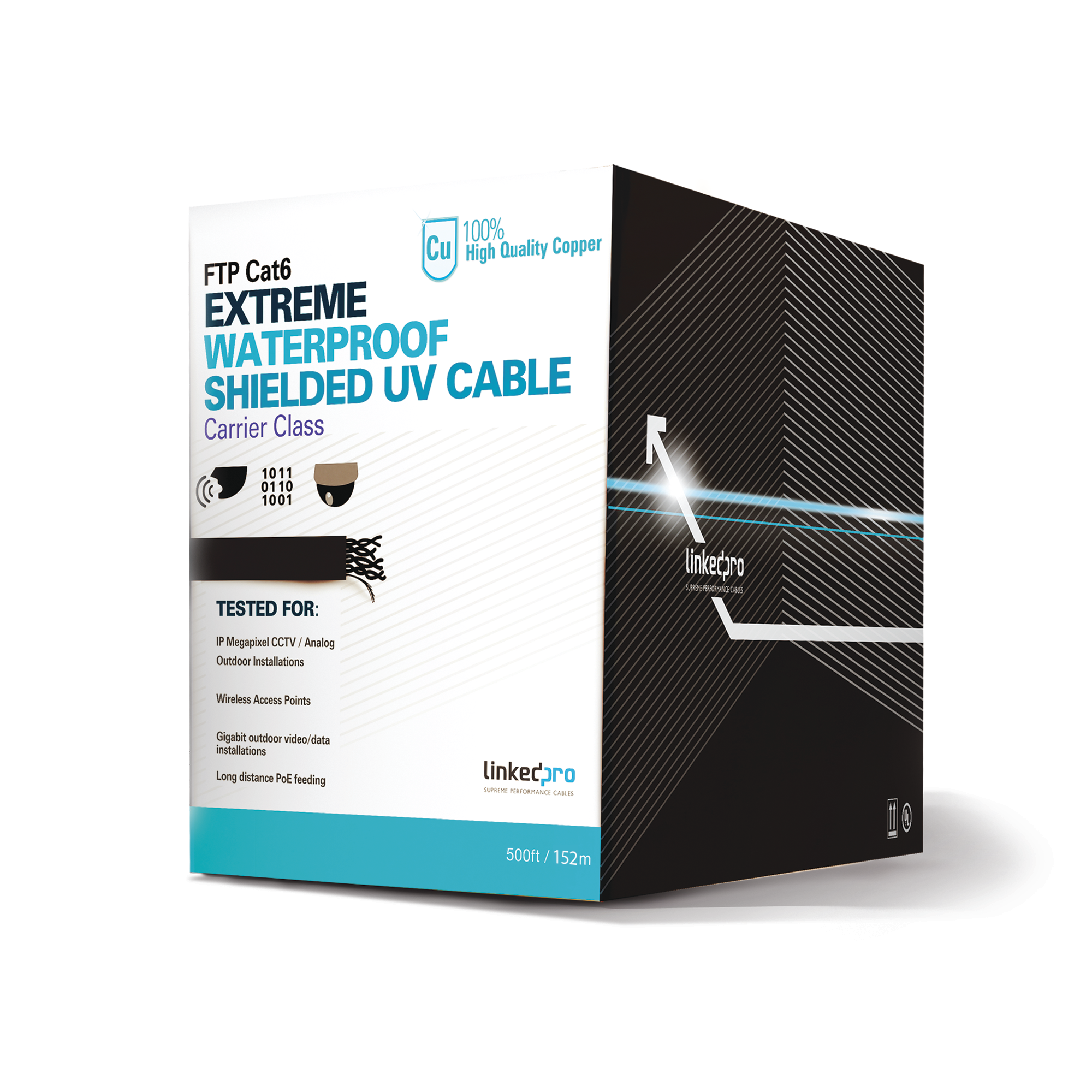 Bobina de 152.5 metros Cat6+ CALIBRE 23 Exterior Blindado tipo FTP Para Climas Extremos, UL para aplicaciones de video vigilancia y redes de datos. Para uso en Intemperie.