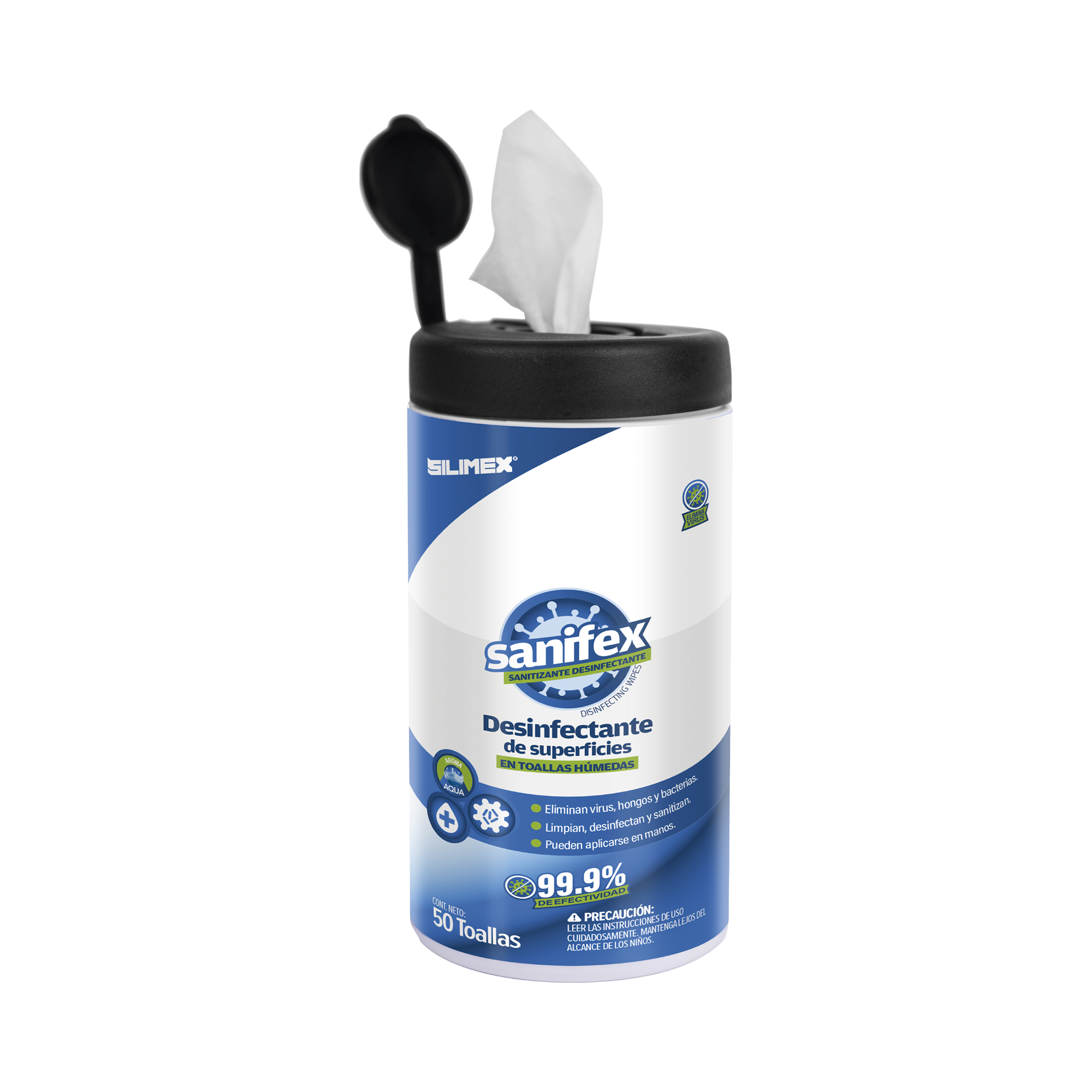Toallitas desinfectantes formuladas para desinfectar las superficies, ayudando a eliminar virus, bacterias y hongos que pueden ser perjudiciales para la salud, presentación 50 toallas