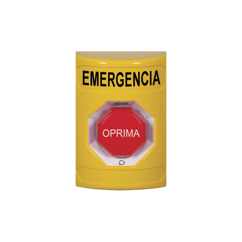 Botón de Emergencia en Español, Color Amarillo, Acción Mantenida, Girar para Restablecer y LED Multicolor