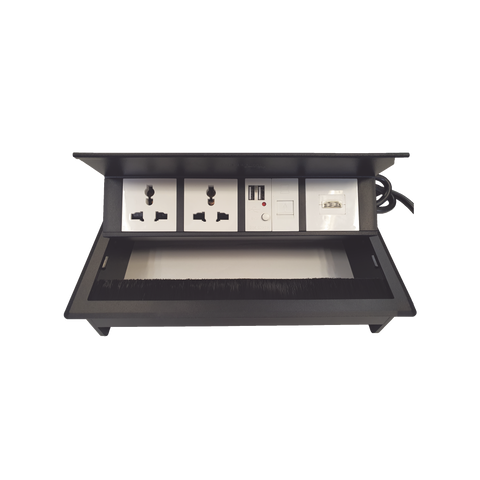 Caja Horizontal tipo Hub para escritorio color negro, con 1 Puerto HDMI Hembra-Hembra, 1 puerto RJ45 Cat6,  2 Puertos USB (Solo carga),  y 2 Contactos eléctricos universales