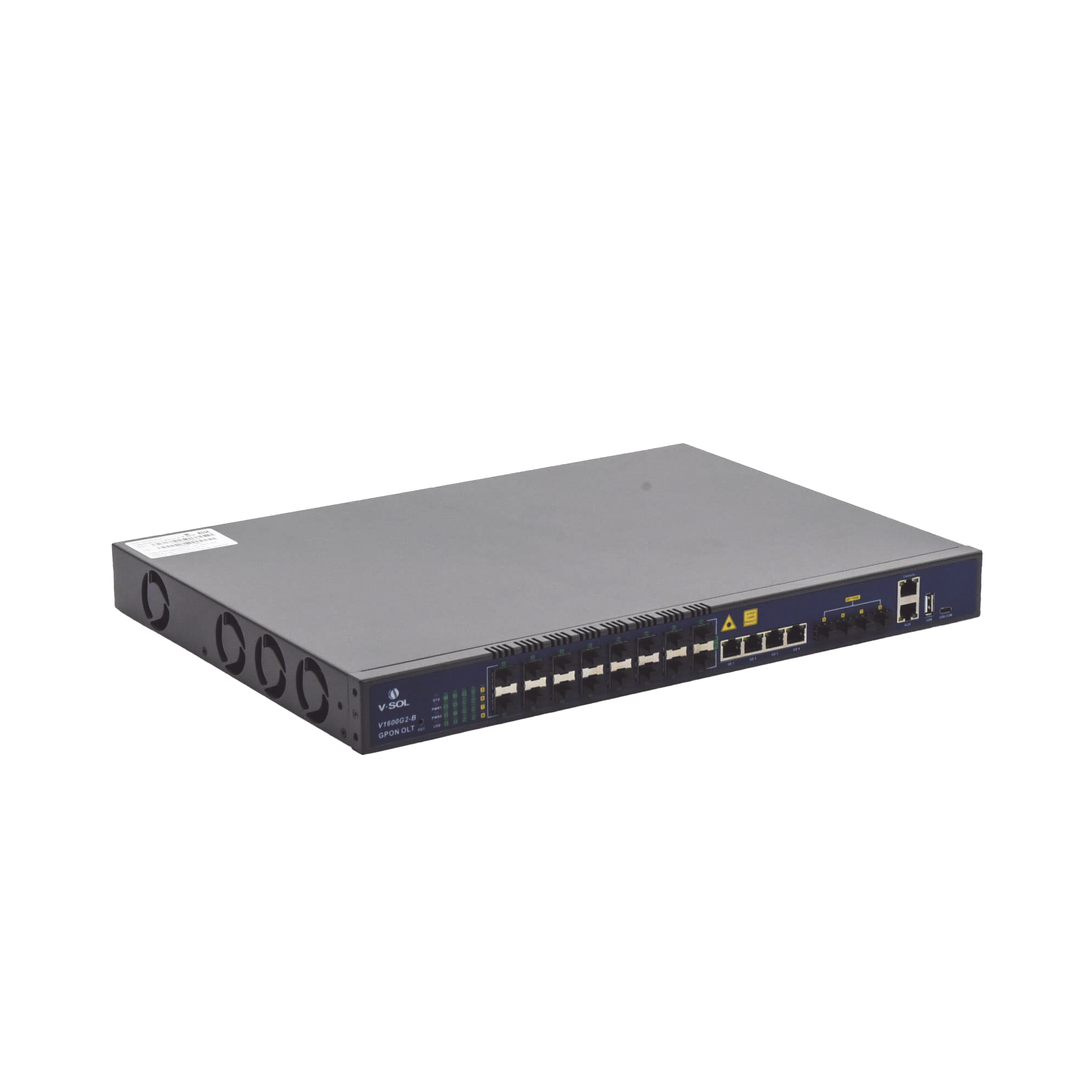OLT de 16 puertos GPON con 8 puertos Uplink (4 puertos Gigabit Ethernet + 4 puertos SFP / puertos SFP+) hasta 2,048 ONUs