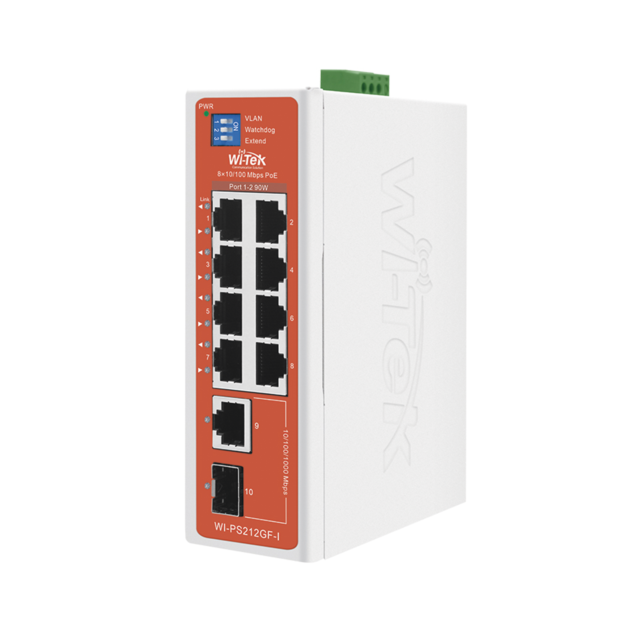 Switch Semi-Industrial / No administrable / 8 puertos 10/100 PoE af/at/bt / 1 puerto Gigabit RJ45 Uplink / 1 puerto SFP Uplink / Presupuesto PoE 110 Watts /