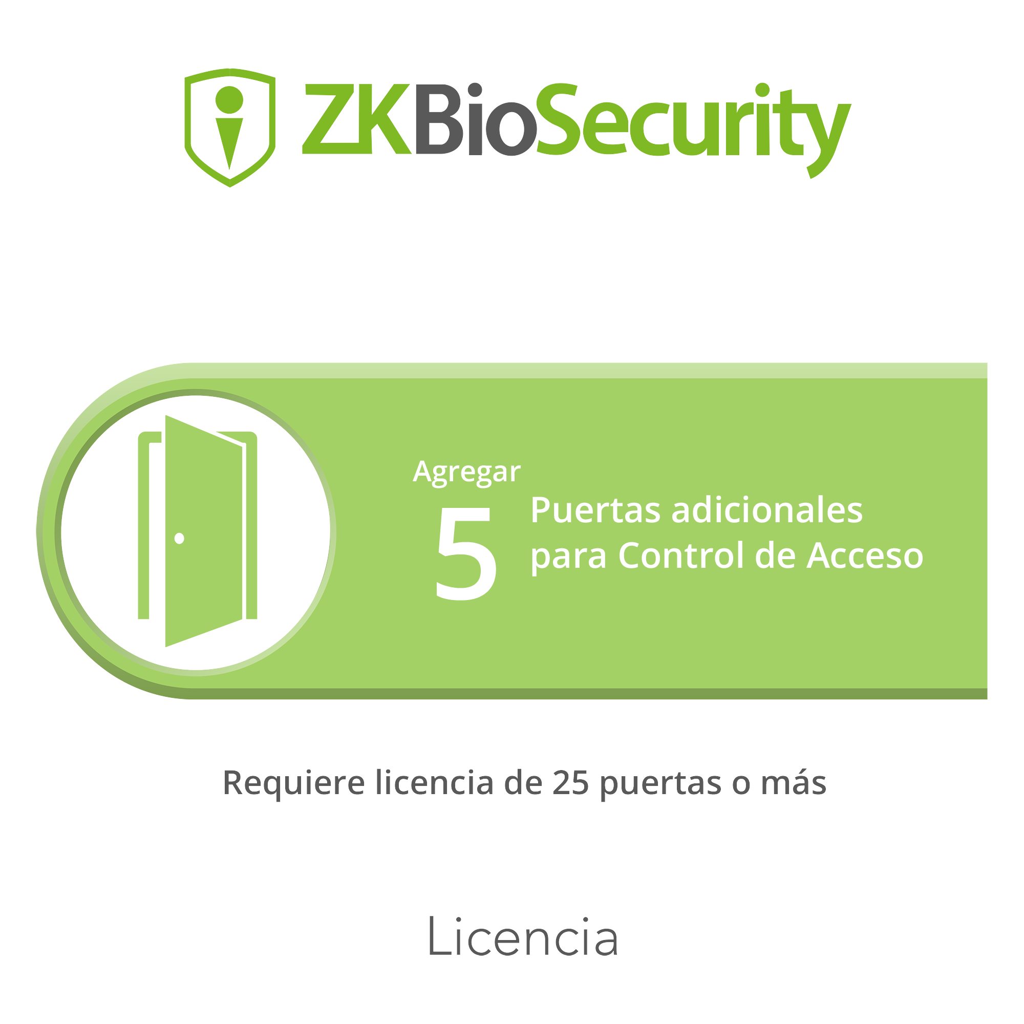 Licencia para ZKBiosecurity permite agregar 5 puertas adicionales (requiere licencia de 25 puertas o mas)