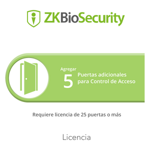 Licencia para ZKBiosecurity permite agregar 5 puertas adicionales (requiere licencia de 25 puertas o mas)