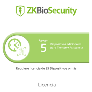 Licencia para ZKBiosecurity permite agregar 5  dispositivos para tiempo y asistencia adicionales (requiere licencia de 25 dispositivos o mas)