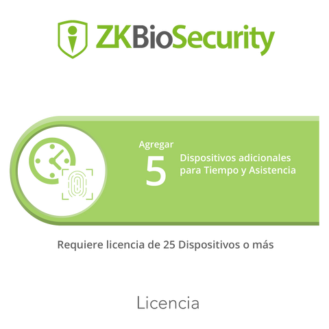 Licencia para ZKBiosecurity permite agregar 5  dispositivos para tiempo y asistencia adicionales (requiere licencia de 25 dispositivos o mas)