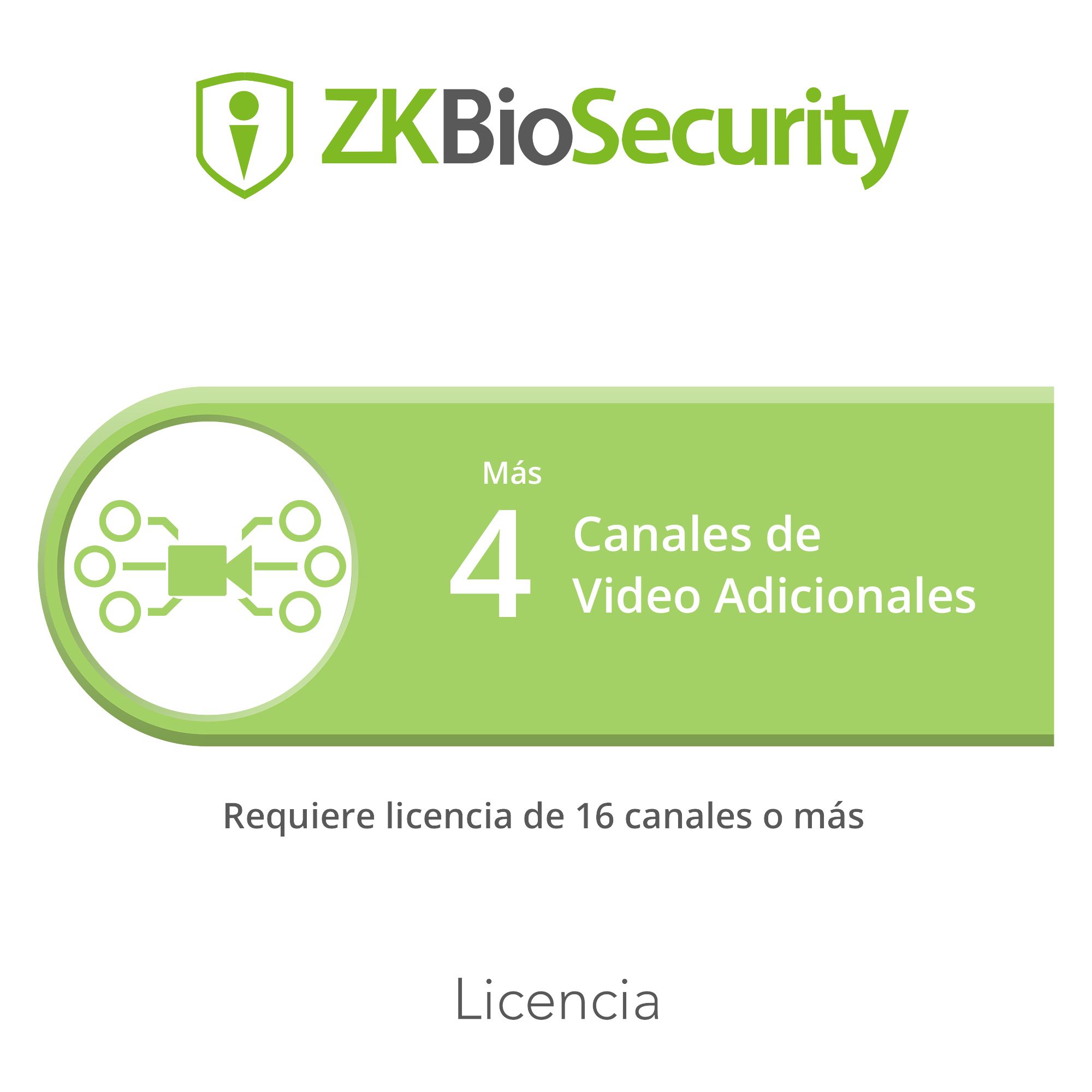 Licencia para ZKBiosecurity para modulo de video para 4 canales de video adicionales (requiere licencia de 16 canales o mas)