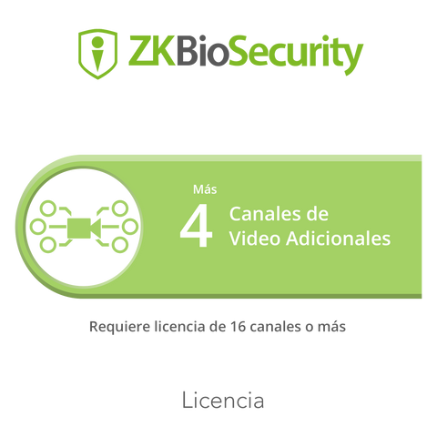 Licencia para ZKBiosecurity para modulo de video para 4 canales de video adicionales (requiere licencia de 16 canales o mas)